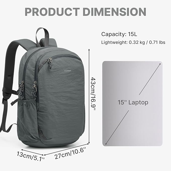G4Free 15L Hiking Backpack Lightweight Small Travel Backpack Casual Daypack for Women Men Outdoor Campus, Gray