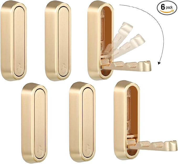 Dntorx Folding Coat Hooks, 6 Pcs Foldable Gold Wall Hooks Heavy Duty Foldable Hook Bathroom Towel Hooks Robe Hooks Wall Mounted for Hanging Coat Towels Clothes Hat Bags Keys