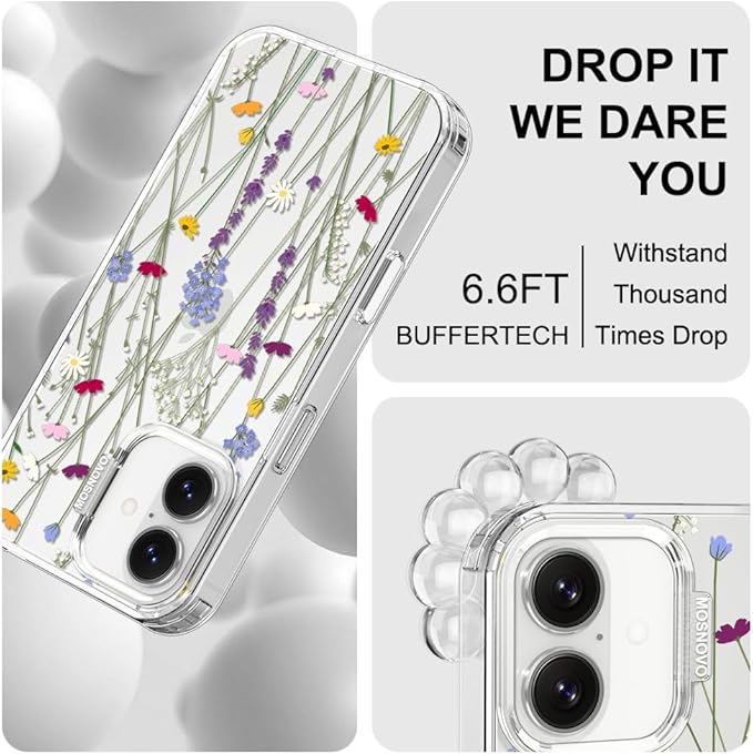 MOSNOVO for iPhone 17 Case | Military Grade 6.6ft Drop Tested | Camera Control | Clear with Floral Garden Design