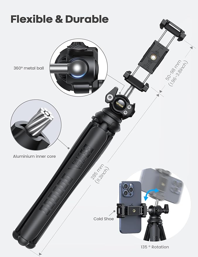 Lamicall Tripod for iPhone - [Ultra-Stable] Aluminium Phone Tripod with Wireless Remote, Mini Flexible Camera Stand Cold Shoe for Video Recording for Pocket 3 iPhone GoPro DSLR Camera Mothers Day