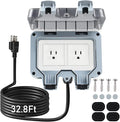 Outdoor Power Outlet Box with 32.8Ft Extension Cord, NEMA 5-15R, STW 14 AWG, Weatherproof Waterproof IP66 Electrical Outlet Extender, Exterior Wall Power Socket w/Cover for Garden