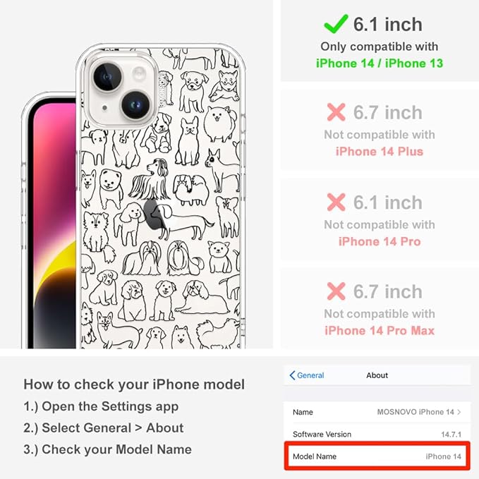 MOSNOVO for iPhone 13/14 Case | Military Grade 6.6ft Drop Tested | Clear with Doodle Dog Design