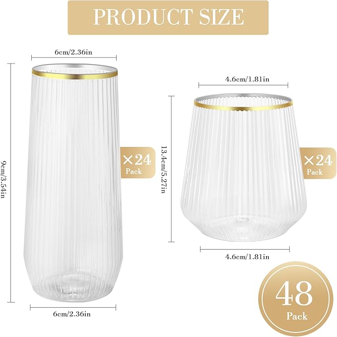 48 Pack Ribbed Plastic Wine Glasses – 24 x 9oz Stemless Champagne Flutes & 24 x 12oz Disposable Wine Glasses – Elegant Disposable Plastic Cups with Gold Rim – BPA-Free Drinkware for Weddings, Parties