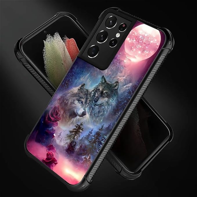 for Samsung Galaxy S21 Ultra Case, Star Two Wolfs Howling Pattern Graphic Design Girl Boy Soft Silicone Hard Acrylic Shock Protection for Samsung Galaxy S21 Ultra
