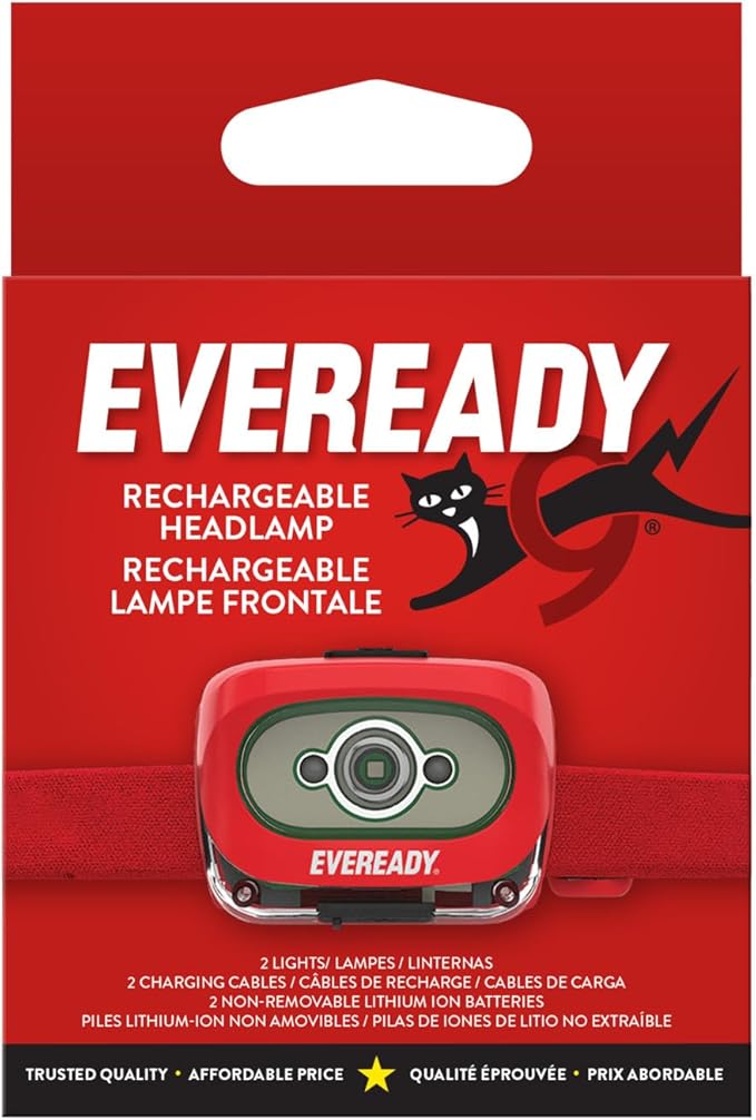 Eveready X200 LED Rechargeable Headlamps (2-Pack), Super Bright IPX4 Water Resistant Head Lights for Running, Camping, Emergency, Outdoors (USB Cable Included)