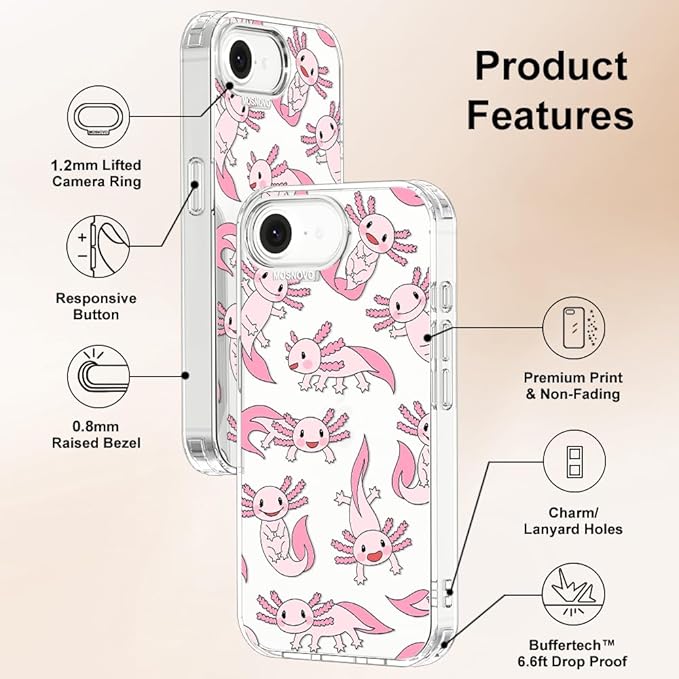 MOSNOVO for iPhone 17e Case/iPhone 16e Case, Shockproof Military-Grade Protection 6.6ft Drop Tested, Clear Phone Case for iPhone 16e / iPhone 17e, Pink Axolotl Design