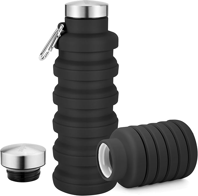 Collapsible Water Bottles 17oz, Portable Leak-Proof Travel Water Bottle, Reusable BPA Free Silicone Foldable Water Bottle with Carabiner for Gym, Traveling, Camping, Hiking, Sports-Black