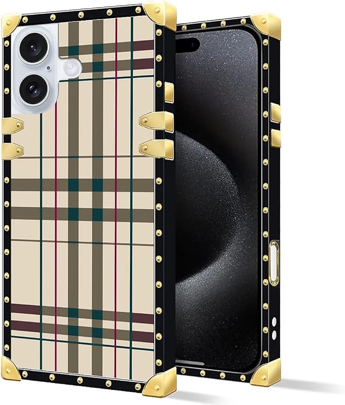 Compatible with iPhone 16 Plus Case, Black Red Beige Stripes Luxury Golden Decoration for Girl Women Soft TPU Shockproof Protective Hard PC Back