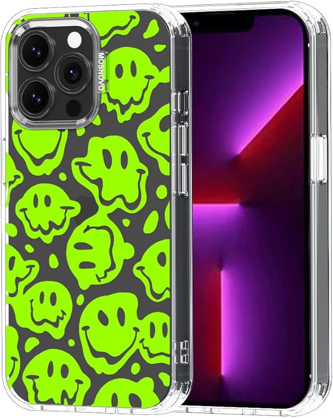 MOSNOVO Case for iPhone 13 Pro, [Buffertech 6.6ft Military-Grade Drop Protection] [Anti Peel Off Tech] Clear TPU Bumper Phone Case Cover Design - Distorted Green Smiles Face