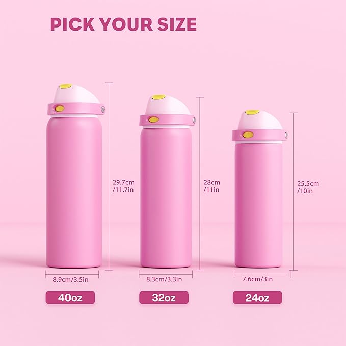 POWCAN 24 oz Steel Water Bottle: 2-in-1 Push-Button Spout & Quick-Flip Straw, Leakproof, Cold 24Hrs, Fits Car Cup Holder, Insulated Cup for Sports, Travel, School, Gift for Women, Girls (Rose Slumber)
