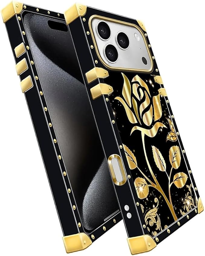 for iPhone 17 Pro Case Luxury Golden Decoration for Girl Women Soft TPU Shockproof Protective Hard PC Back for iPhone 17 Pro Crazy Pattern Shine Gold Rose