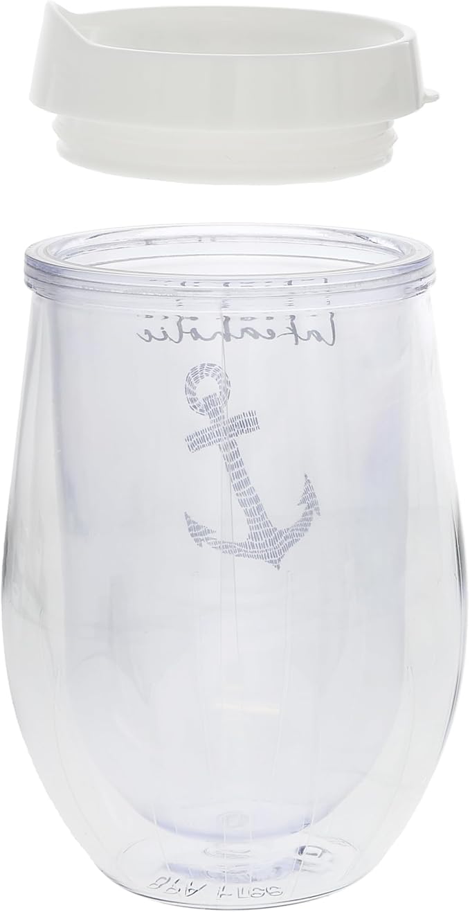 Pavilion Gift Company - Lakeaholic - 12 oz Wine Glass With Lid Wine Lover Kitchenware Lake Lover Lakefront Waterfront Outdoors Anchor Nautical Drinkware