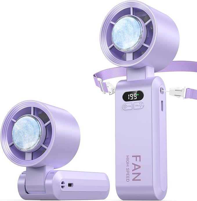 2 Pack Handheld Portable Turbo Fan with Ice Cooler, Speed (1-199) 5500mAh*2 Rechargeable Personal Fan,[20H Cooling Time] Mini Yet Powerful, Small Pocket Fans for Travel/Outdoor/Office, Purple