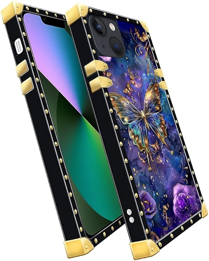 Compatible with iPhone 13 Case, Glistening Golden Butterfly Vibrant Purple Blue Luxury Golden Decoration for Girl Women Soft TPU Shockproof Protective Hard PC Back for iPhone 13