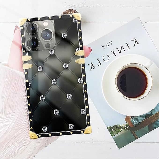 Compatible with iPhone 15 Pro Max Case, Shiny Black Sofa Crystal Luxury Golden Decoration for Girl Women Soft TPU Shockproof Protective Hard PC Back for iPhone 15 Pro Max