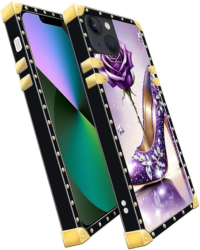Compatible with iPhone 13 Case, High Heeled Purple Diamond Rose Luxury Golden Decoration for Girl Women Soft TPU Shockproof Protective Hard PC Back for iPhone 13
