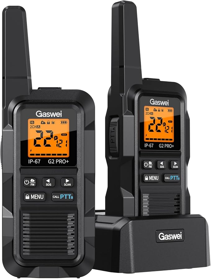 Gaswei G2pro+ Heavy Duty Walkie Talkies for Adults，Rechargeable Long Range Two Way Radios 2 watts ，NOAA Weather，FM Radio，IP67 Waterproof，VOX ，Double PTT，Li-ion Battery (2 Pack - Black)