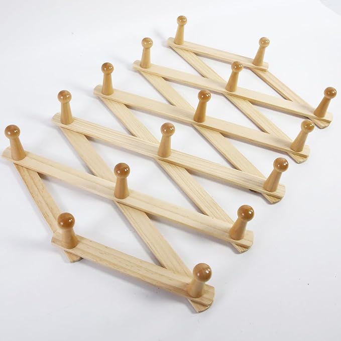 AMAPON Accordion Style Expandable Wall Wooden Coat Rack 16 Hooks (Pegs) Hang Hats Jackets Coffee Mug Purses Necklaces Towels Cap Leash Scarves Data Line Kitchenware