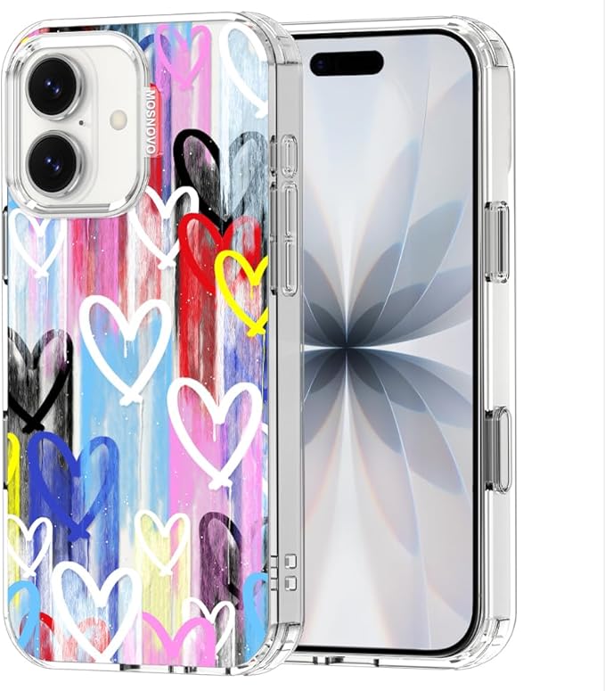 MOSNOVO for iPhone 17 Case, Shockproof Military-Grade Protection 6.6ft Drop Tested, Camera Control, Clear Phone Case for iPhone 17, Graffiti Hearts Design