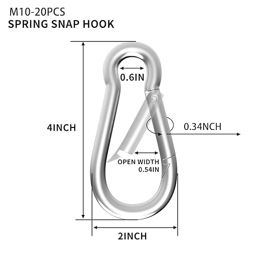 Carabiner, Heavy Duty Galvanized Steel Spring Snap Hook Carabiner Clips with 770LBS Holding Capacity, Ideal for Outdoor, Hammock, Swing and Travel (M10 4Inch, 20PCS)