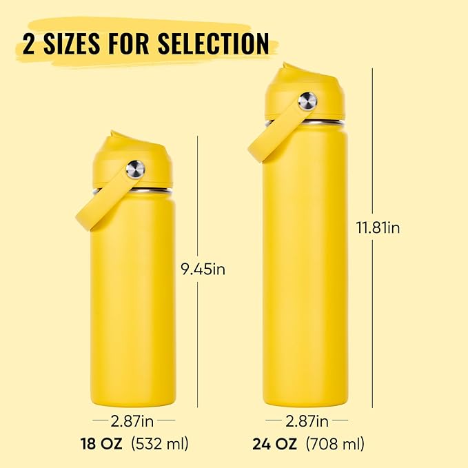 Fijinhom 18oz Insulated Stainless Steel Water Bottle, Wide Mouth Double Wall Vacuum, Silicone Straw, Sweat & Leak Proof, BPA Free Insulated Water Flask for Travel, Keep Cold 24h Hot 12h, Yellow