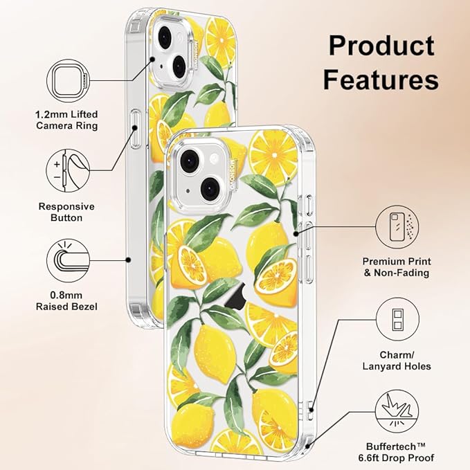 MOSNOVO for iPhone 13/14 Case | Military Grade 6.6ft Drop Tested | Clear with Lemon Design