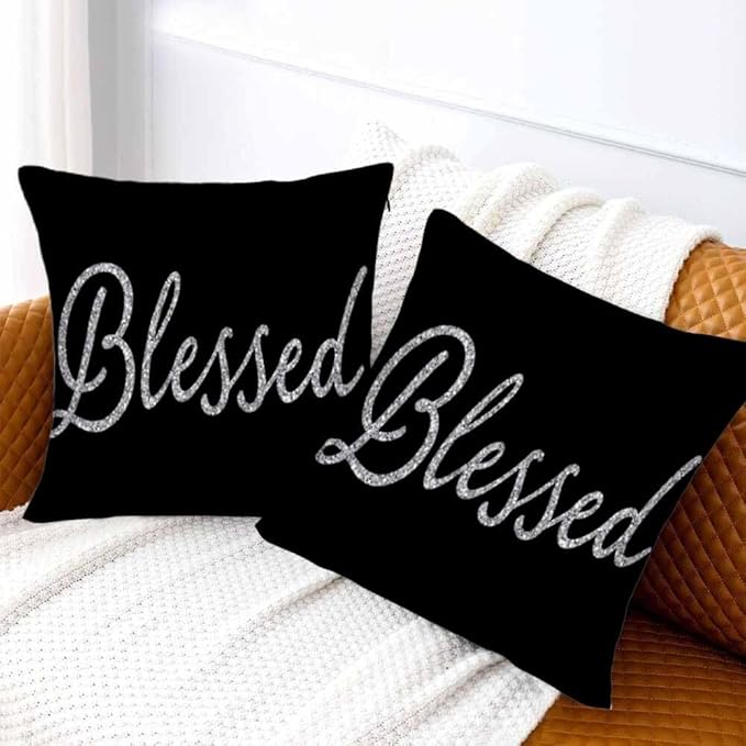 Bling Blessed White Throw Pillow Covers 18x18 Highlights Blessed Black Set of 2 Pillow Cases Square Velvet Outdoor Pillowcases Decorative for Home Bed Sofa Couch Hotel