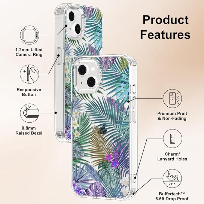 MOSNOVO for iPhone 13/14 Case | Military Grade 6.6ft Drop Tested | Clear with Tropical Rainforests Design