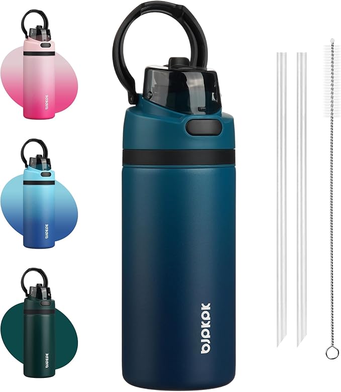 BJPKPK 17oz Insulated Water Bottle with 2-1 Straw Spout Lid, Stainless Steel Metal Water Bottles with Carry Handle, BPA Free, Leak-Proof, Fits in Car Cup Holder, Thermo for Sports,Sea
