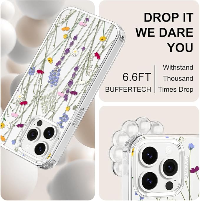 MOSNOVO Case for iPhone 13 Pro Max, [Buffertech 6.6ft Military-Grade Drop Protection] [Anti Peel Off Tech] Clear TPU Bumper Phone Case Cover Design - Floral Garden