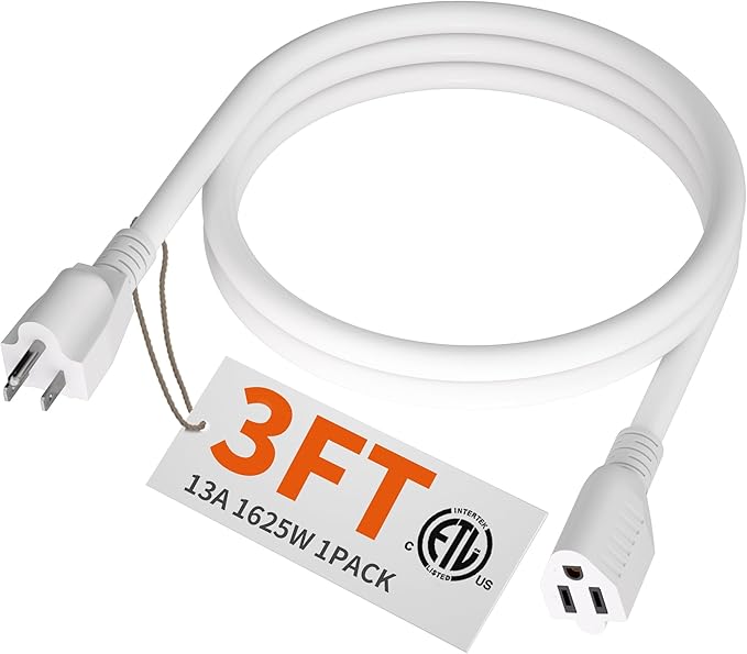 HUANCHAIN 13A 1625W 125V 16AWG 3 FT 16 Gauge White Indoor Outdoor Extension Cord Waterproof, Flexible Cold Weather 3 Prong Electric Cord Outside,SJTW, ETL Listed