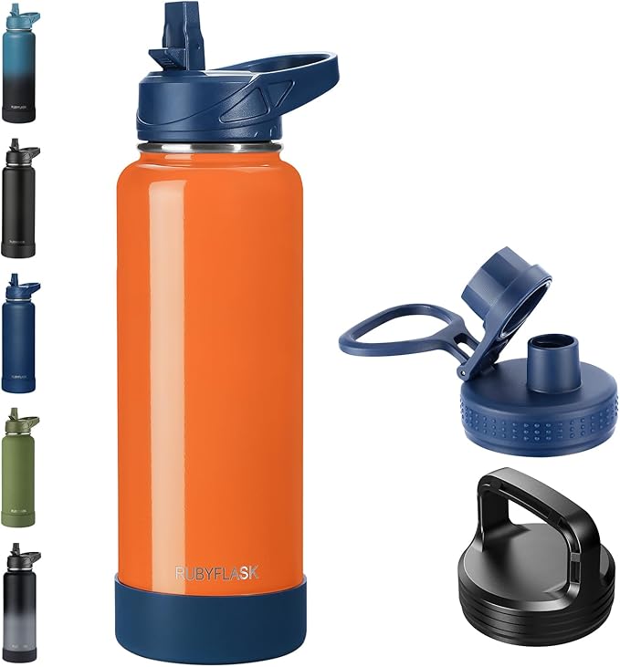 RUBYFLASK 40oz Insulated Water Bottle with Straw, Stainless Steel Metal Vacuum Water Flask, Large Thermal Water bottle with Leakproof 3 Lids for Travel, Camping, Gym Sports Orange