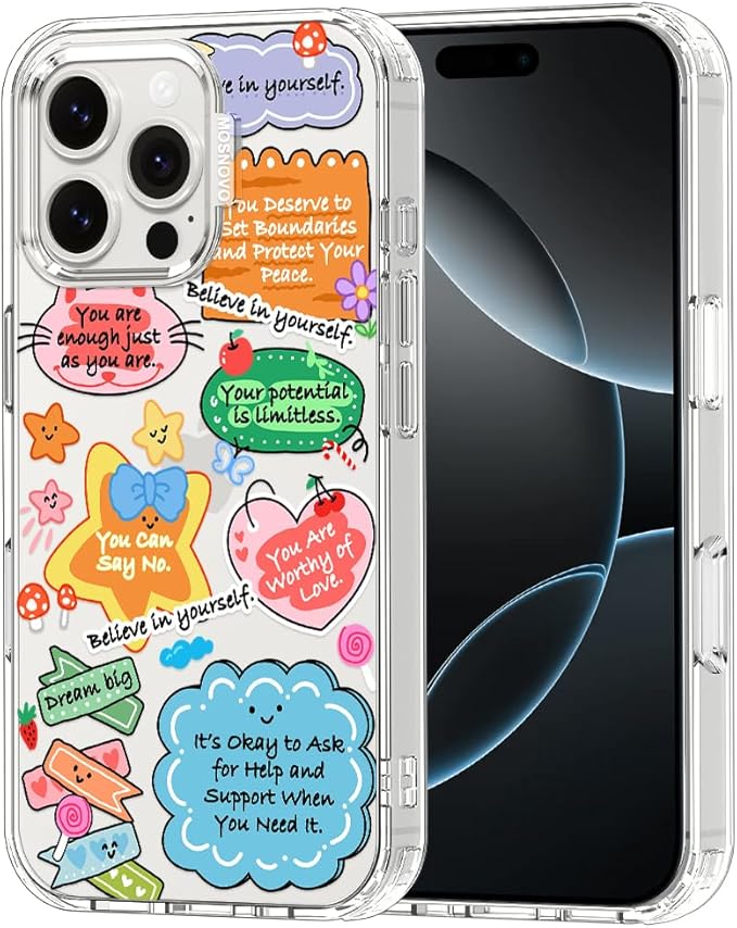 MOSNOVO for iPhone 16 Pro Max Case, Shockproof Military-Grade Protection 6.6ft Drop Tested, Clear Phone Case for iPhone 16 Pro Max, Self Love Club Design
