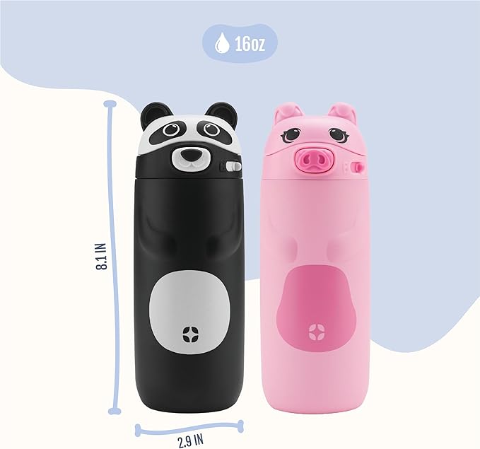 Ello Ellies 12oz Vacuum Insulated Stainless Steel Kids Water Bottle with Straw and Built-in Carrying Handle and Leak-Proof Locking Lid for School Backpack, Lunchbox and Outdoor Sports, Panda