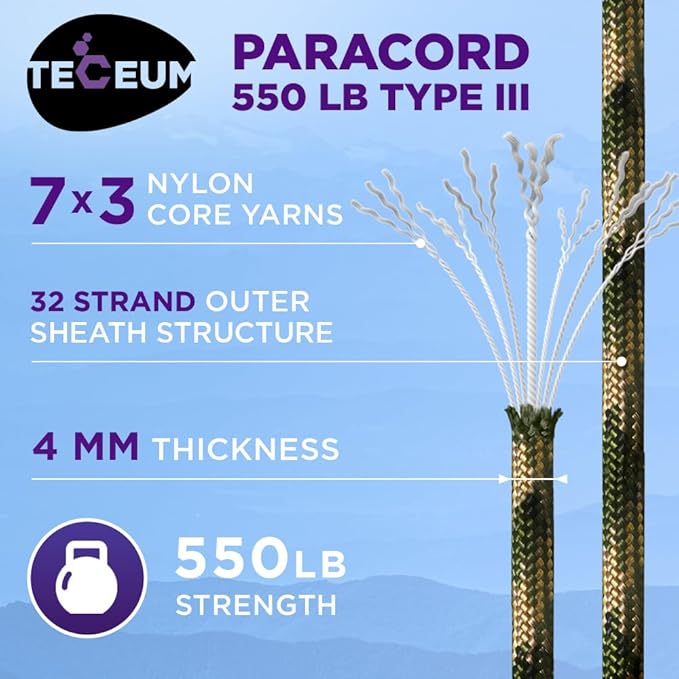TECEUM Reflective Paracord Rope 1000 – 1000ft/200ft/100ft/50ft – 40+ Colors – Glow in The Dark – para Cord – Utility Rope for Survival, Hunting & Camping Gear – Nylon String, Camping Rope, Tent Cord