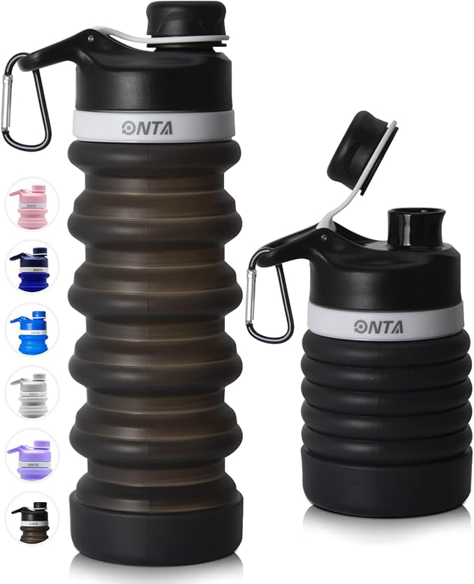 ONTA Collapsible BPA Free Silicone Water Bottle, 20oz - Portable, Leakproof, Easy Clean, Shatter Resistant, Travel Friendly
