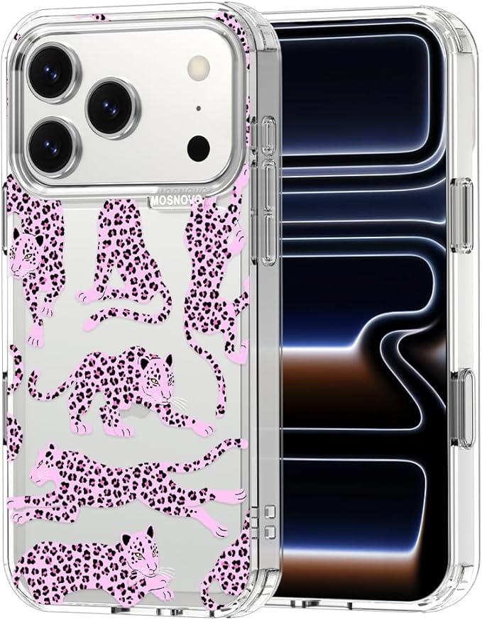 MOSNOVO for iPhone 17 Pro Case | Military Grade 6.6ft Drop Tested | Camera Control | Clear with Pink Leopard Design