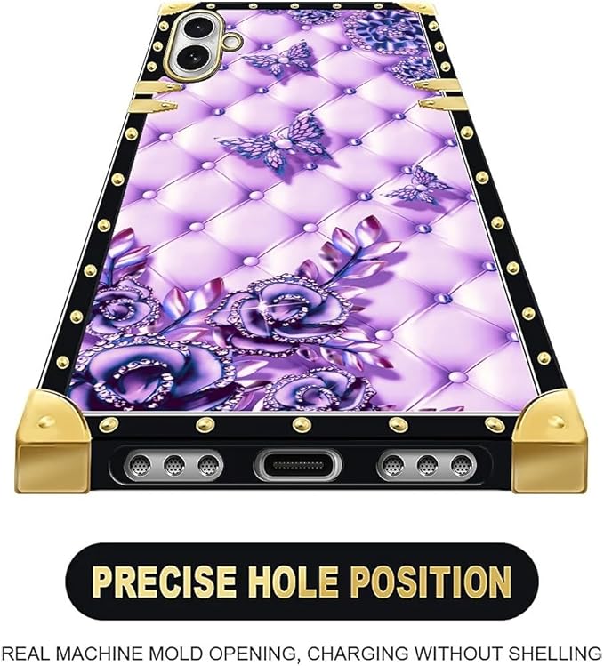 for iPhone 17 Case Luxury Golden Decoration for Girl Women Soft TPU Shockproof Protective Hard PC Back for iPhone 17 Crazy Pattern Purple Butterfly Flowers Leaf