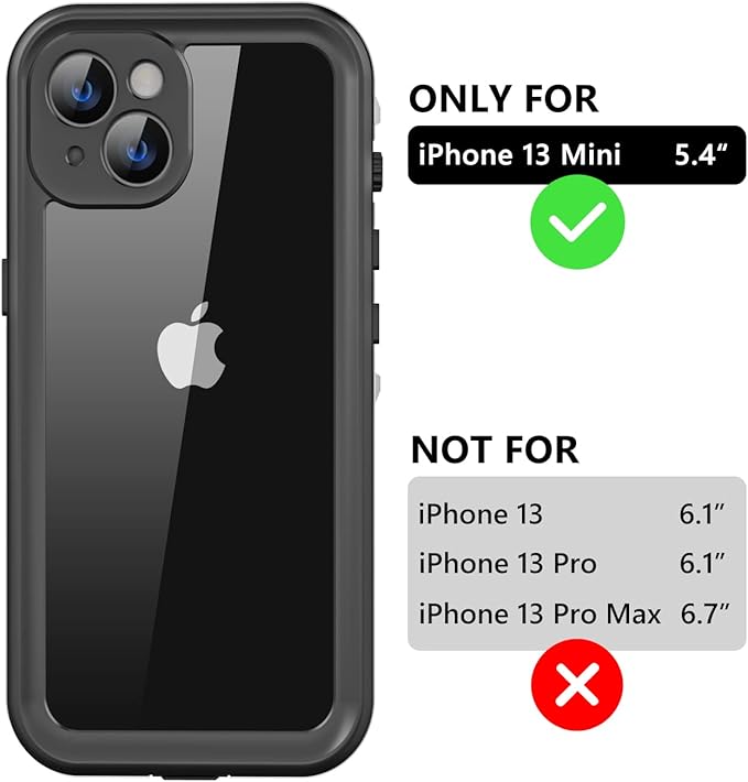 Protebox for iPhone 13 Mini Waterproof Case with Built-in Screen Protector, Shockproof Dustproof Full Body Protective IP68 Waterproof Phone Case for iPhone 13 Mini 5.4 inch (Black/Clear)
