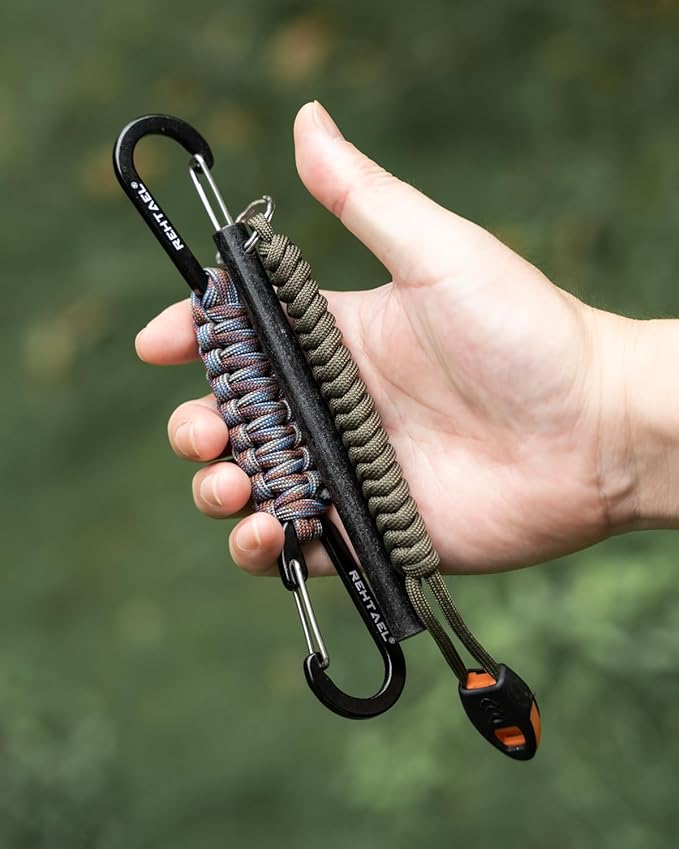 Paracord Braided Carabiner Keychain Lanyard Strap, Hanger Stroller Hook w/2 Carabiner Clips for Water Bottle Backpack