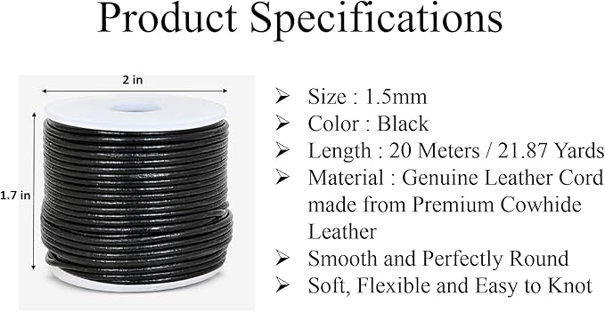 GENIQUE Real/Genuine Round Leather String Cord for Necklace, Bracelets, Jewellery, Braiding (1.5mm, Black)