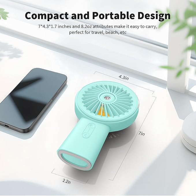 Otlonpe Handheld Misting Fan Portable, Small Personal Hand Held Rechargeable Mist Fan Water Spray, 4000mAh Battery Operated Hand Mister Fans 3-Speed, 4-15 Hrs Runtime for Travel Home Office Outdoor