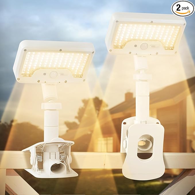 Clip On Solar Lights Outdoor with Motion Sensor, 360°Rotatable & Vertically Adjustable Solar Fence Lights with 92 LEDs (600 LM, 3000 K),IP65 Waterproof Security Light for Deck, Gutter（White, 2 Pack）