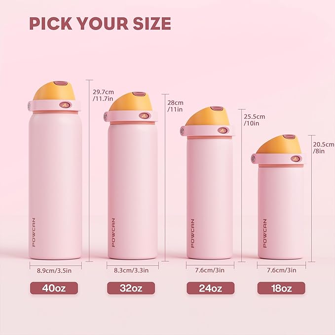 POWCAN 18 oz Insulated Water Bottle with Straw: 2-in-1 Push-Button Spout & Quick-Flip Straw, Leakproof, Cold 24Hrs, Fits Car Cup Holder, Stainless Sports Bottle for Gym, Travel Gift (Peach Store)
