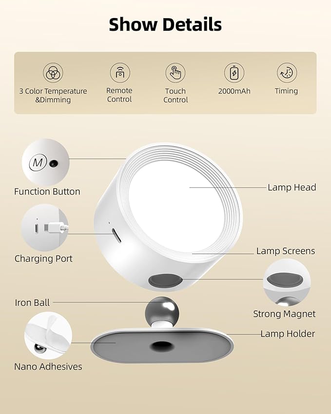 LED Wall Mounted Lights, Rechargeable Wall Sconces Lamp, 3 Color Temps & Remote and Touch, 360° Rotation Dimmable Cordless Wall Light for Study Bedroom Reading Bedside(White, 1 Pack)