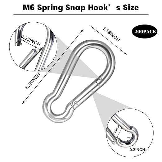 200PCS 2.36'' Spring Snap Hook, M6 1/4Inch Galvanized Silver Steel Carabiner Clip, Small Carabiner Clip 260LBS Holding Capacity Quick Link Keychain for Hammock Dog Leash & Camping Gym