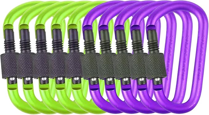 10 Pack Aluminum D Ring Key Rings Hiking Clips Locking Carabiner for Hiking Camping Fishing and Outdoor Use，Clips with Screw Gate Multicolored