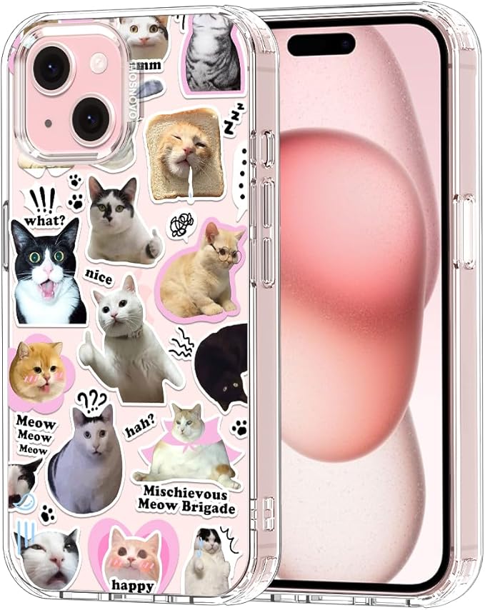 MOSNOVO Case for iPhone 15 Plus, [Buffertech 6.6ft Military-Grade Drop Protection] [Anti Peel Off Tech] Clear TPU Bumper Phone Case Cover Design - The Cat Brigade
