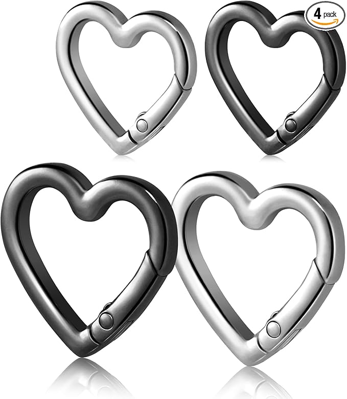 4pcs Heart Carabiner Keychain Clip, Metal Spring Heart Rings Hook Key Ring Carabiner Clips for Purse Bag Charms Backpack Strap Dog Tags Hang Water Bottle Paracord Keychain Lanyard(Silver Black)