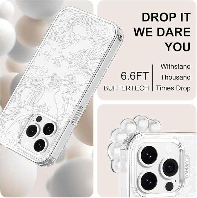 MOSNOVO Case for iPhone 14 Pro Max, [Buffertech 6.6ft Military-Grade Drop Protection] [Anti Peel Off Tech] Clear TPU Bumper Phone Case Cover Design - White Dragon